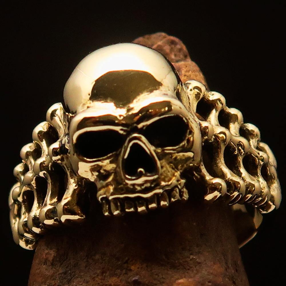 Men's Biker Ring featuring Skull and Bones design, crafted from solid brass with a high polished and antiqued finish.