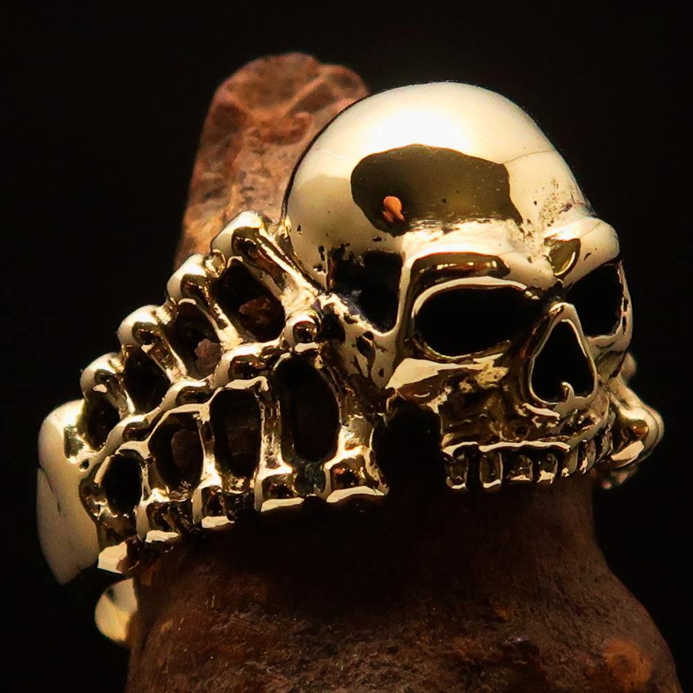 Men's Biker Ring featuring Skull and Bones design, crafted from solid brass with a high polished and antiqued finish.