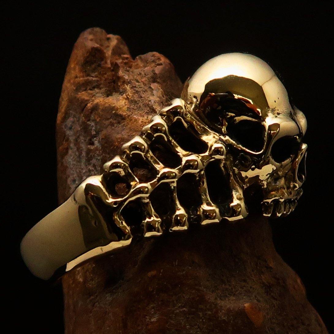 Men's Biker Ring featuring Skull and Bones design, crafted from solid brass with a high polished and antiqued finish.