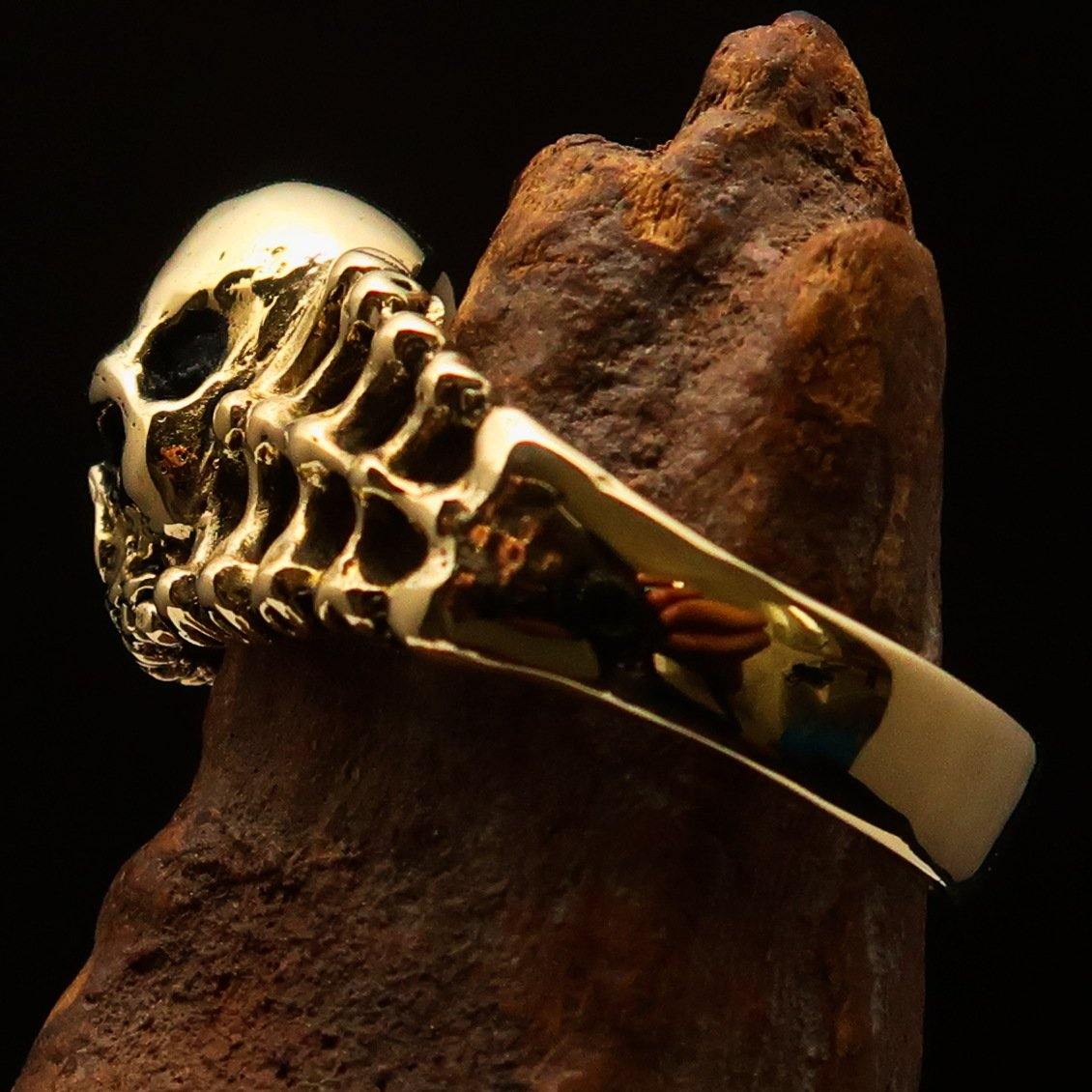 Men's Biker Ring featuring Skull and Bones design, crafted from solid brass with a high polished and antiqued finish.