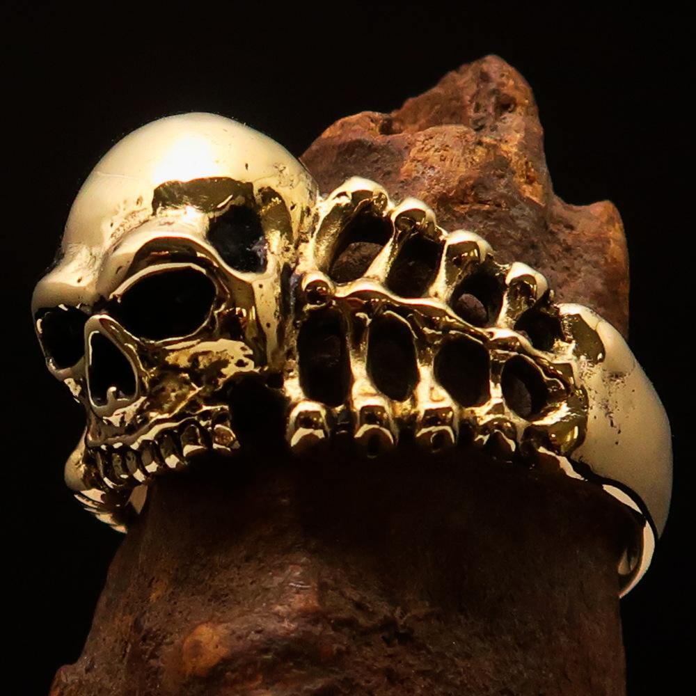 Men's Biker Ring featuring Skull and Bones design, crafted from solid brass with a high polished and antiqued finish.