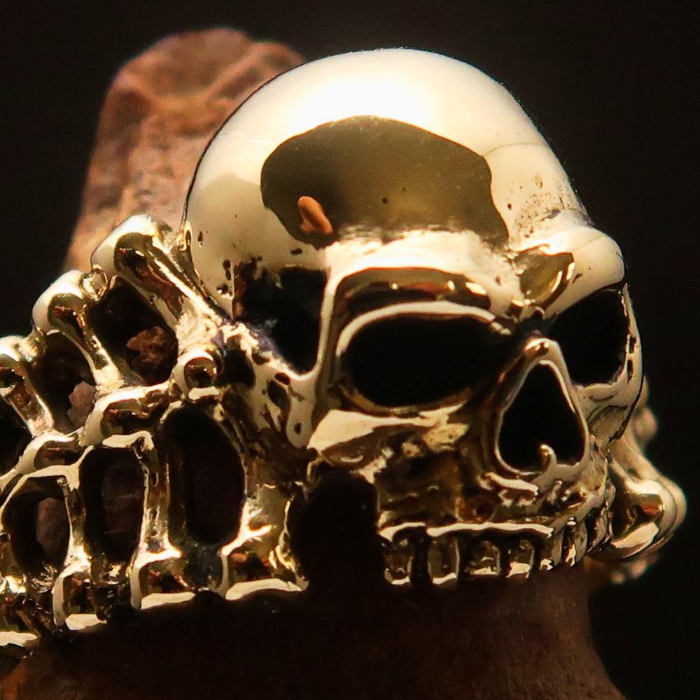 Men's Biker Ring featuring Skull and Bones design, crafted from solid brass with a high polished and antiqued finish.