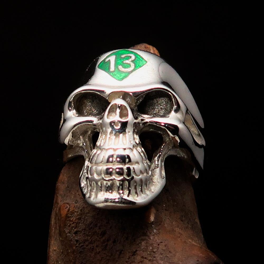 Men's Biker Skull Ring made of solid sterling silver with a green diamond accent, featuring a high polished finish and a unique skull design.