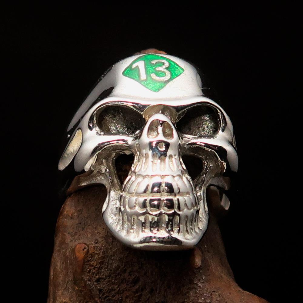 Men's Biker Skull Ring made of solid sterling silver with a green diamond accent, featuring a high polished finish and a unique skull design.