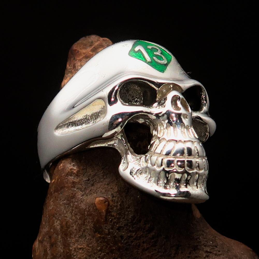 Men's Biker Skull Ring made of solid sterling silver with a green diamond accent, featuring a high polished finish and a unique skull design.