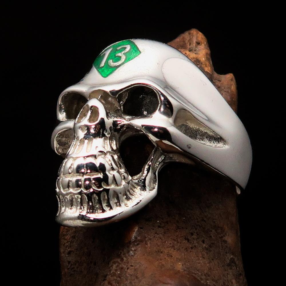 Men's Biker Skull Ring made of solid sterling silver with a green diamond accent, featuring a high polished finish and a unique skull design.