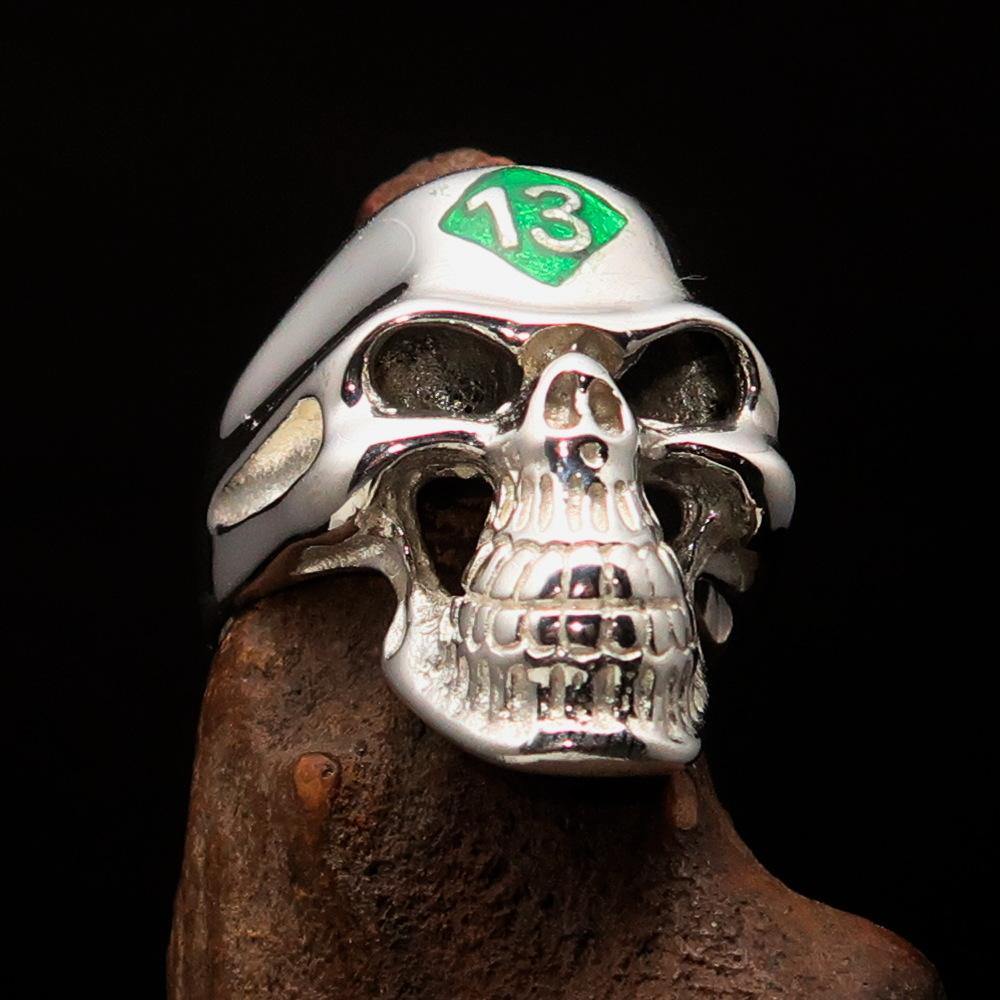 Men's Biker Skull Ring made of solid sterling silver with a green diamond accent, featuring a high polished finish and a unique skull design.