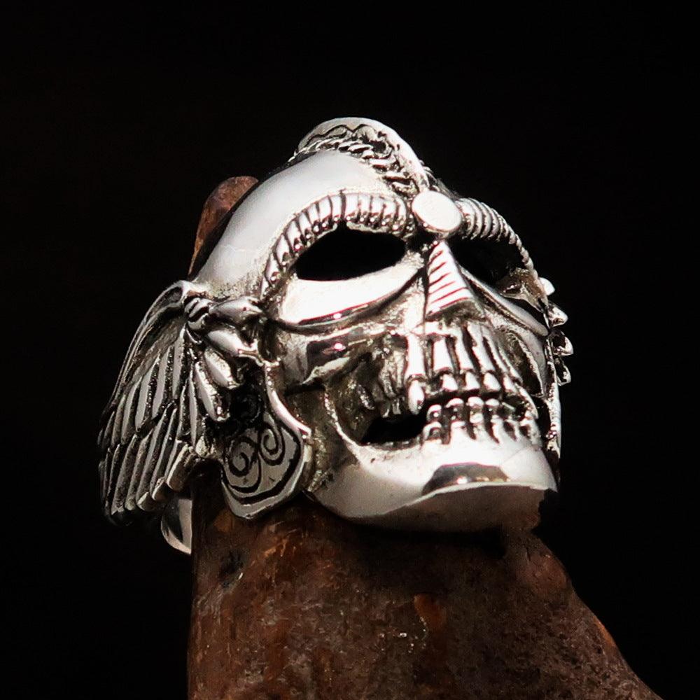 Men's Biker Winged Viking Skull Ring made of solid sterling silver with an antiqued finish, showcasing intricate details and a bold design.