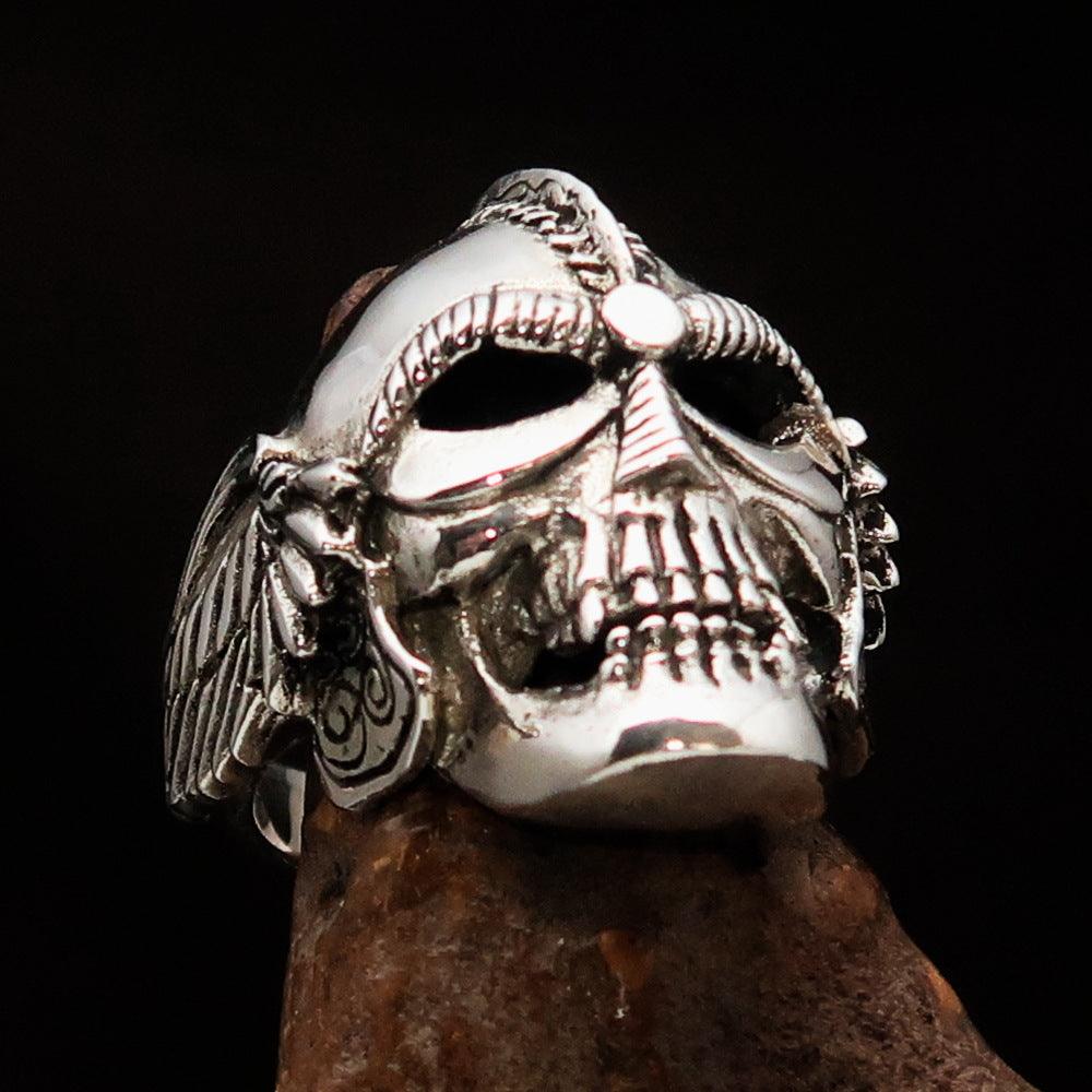 Men's Biker Winged Viking Skull Ring made of solid sterling silver with an antiqued finish, showcasing intricate details and a bold design.