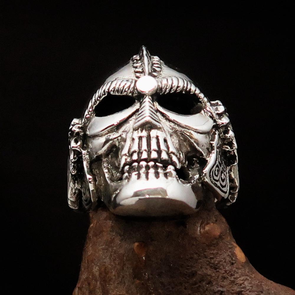 Men's Biker Winged Viking Skull Ring made of solid sterling silver with an antiqued finish, showcasing intricate details and a bold design.