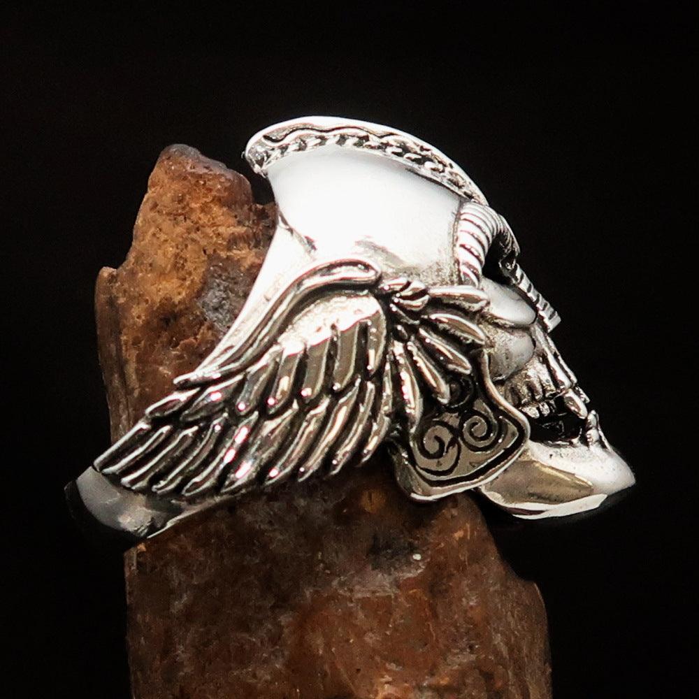 Men's Biker Winged Viking Skull Ring made of solid sterling silver with an antiqued finish, showcasing intricate details and a bold design.