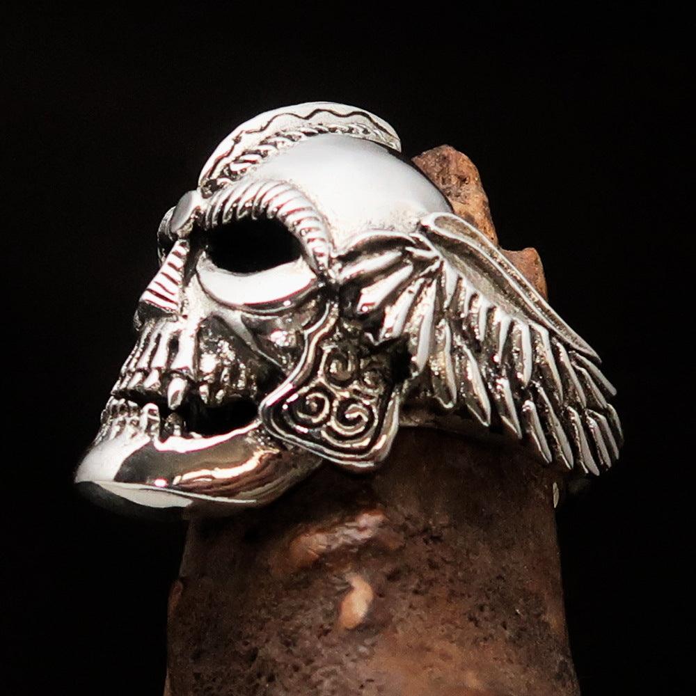 Men's Biker Winged Viking Skull Ring made of solid sterling silver with an antiqued finish, showcasing intricate details and a bold design.