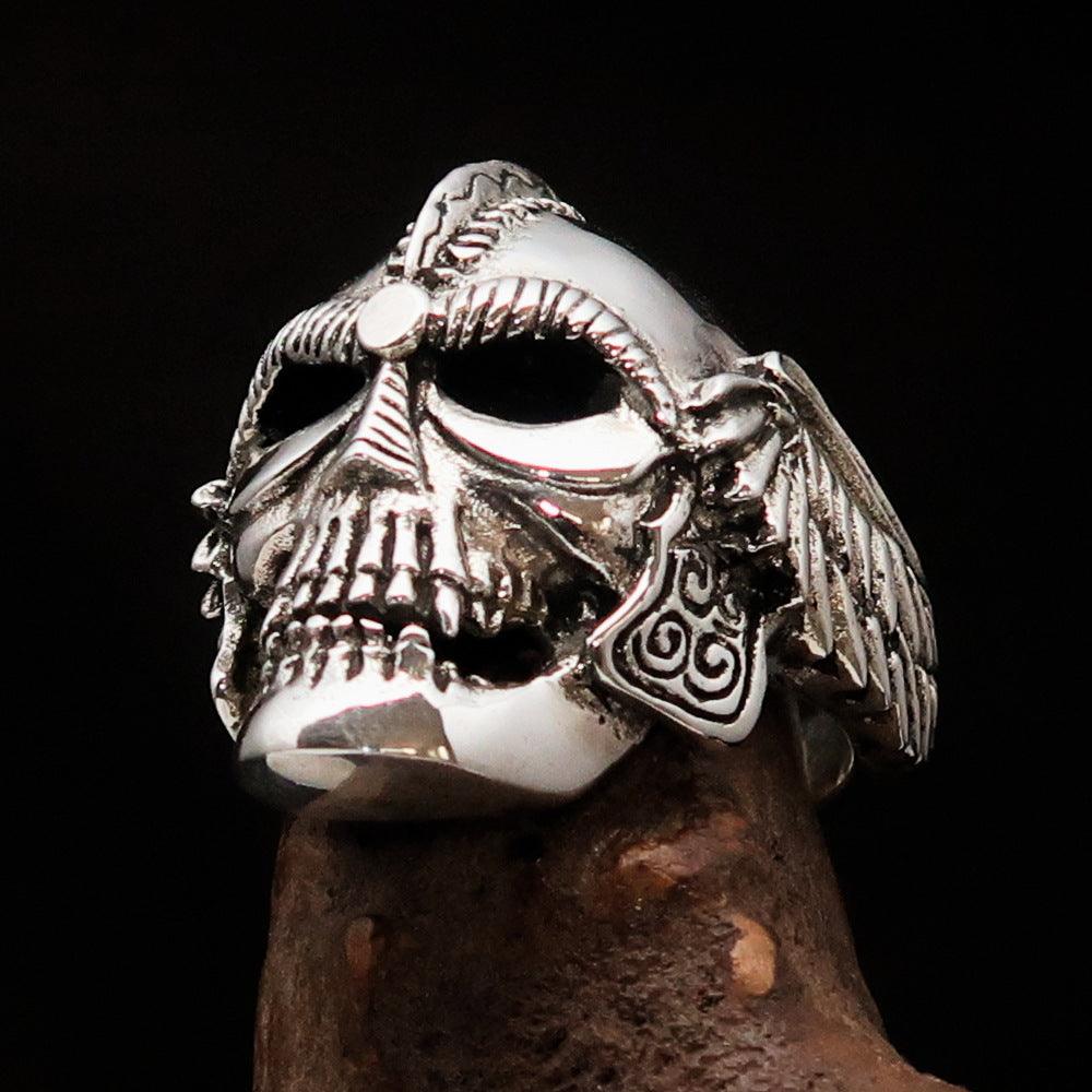 Men's Biker Winged Viking Skull Ring made of solid sterling silver with an antiqued finish, showcasing intricate details and a bold design.