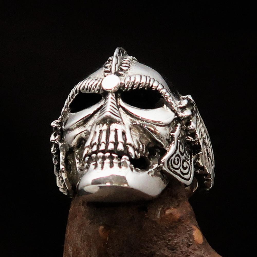 Men's Biker Winged Viking Skull Ring made of solid sterling silver with an antiqued finish, showcasing intricate details and a bold design.