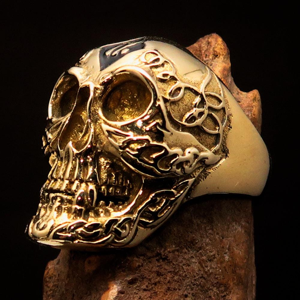 Men's black 1% Runes Skull Outlaw Biker Ring made of solid brass with a mirror polish and black enamel finish, showcasing intricate skull design.