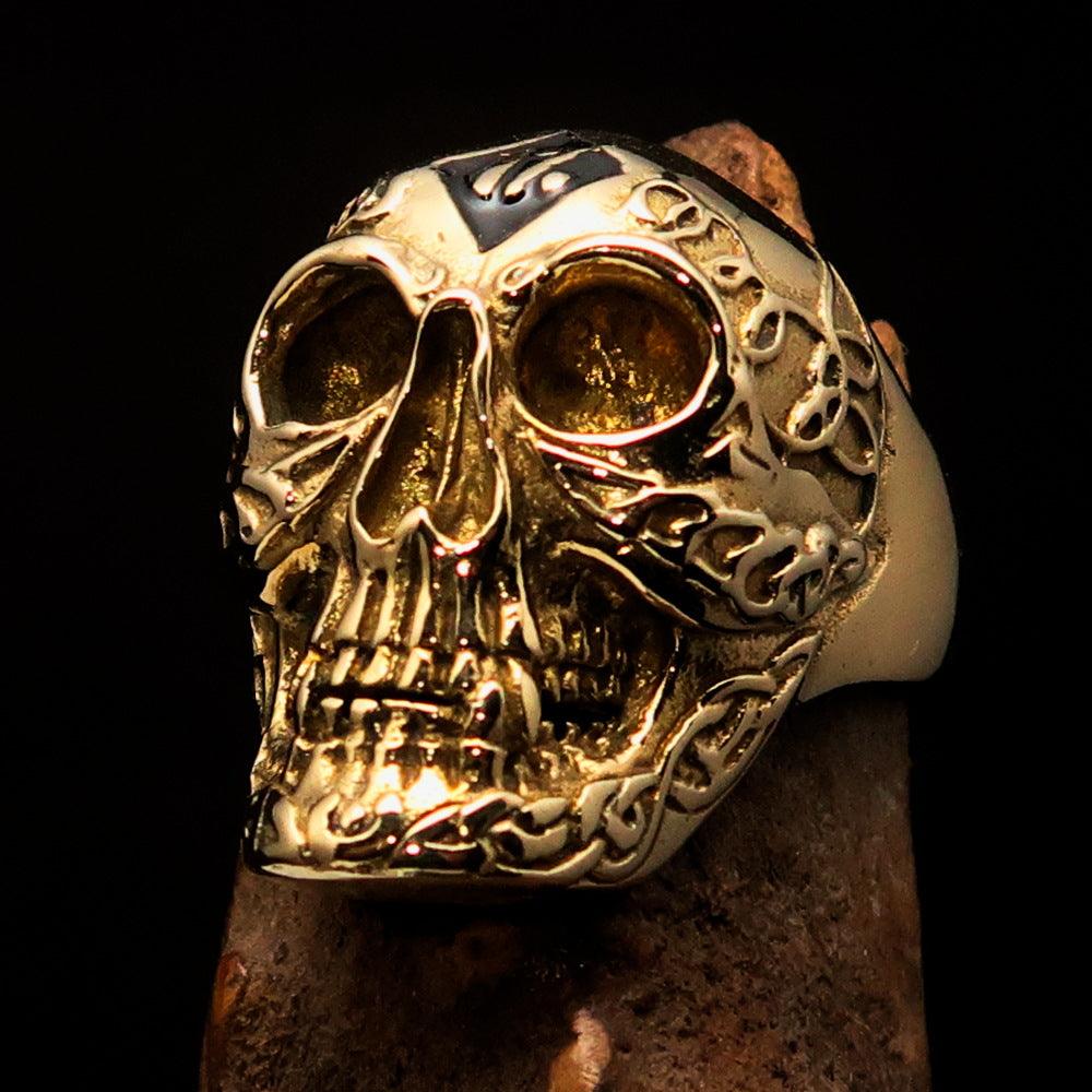 Men's black 1% Runes Skull Outlaw Biker Ring made of solid brass with a mirror polish and black enamel finish, showcasing intricate skull design.