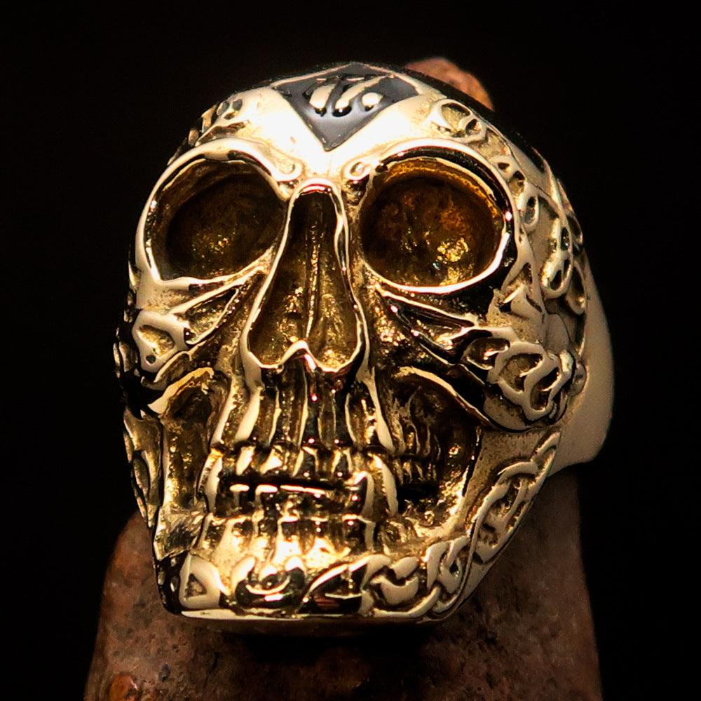 Men's black 1% Runes Skull Outlaw Biker Ring made of solid brass with a mirror polish and black enamel finish, showcasing intricate skull design.