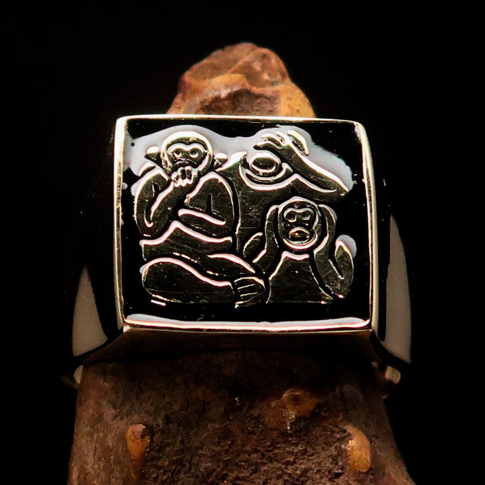 Men's black 3 Monkeys Pinky Ring made of solid brass with high polished finish and black enamel, showcasing unique monkey design.