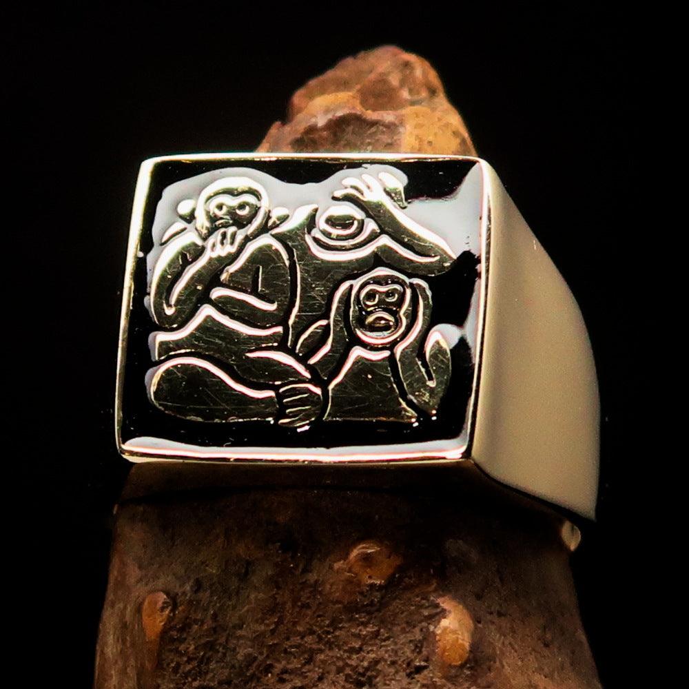 Men's black 3 Monkeys Pinky Ring made of solid brass with high polished finish and black enamel, showcasing unique monkey design.