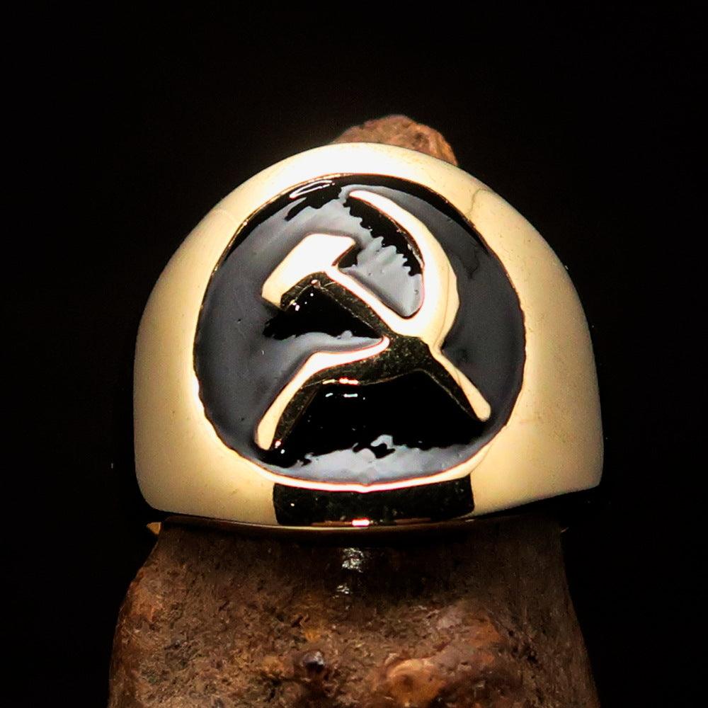 Men's Black Hammer and Sickle Crest Ring made of solid brass with high polish and black enamel detailing.