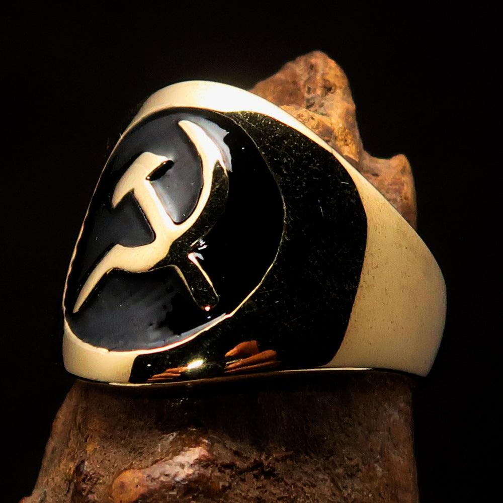 Men's Black Hammer and Sickle Crest Ring made of solid brass with high polish and black enamel detailing.