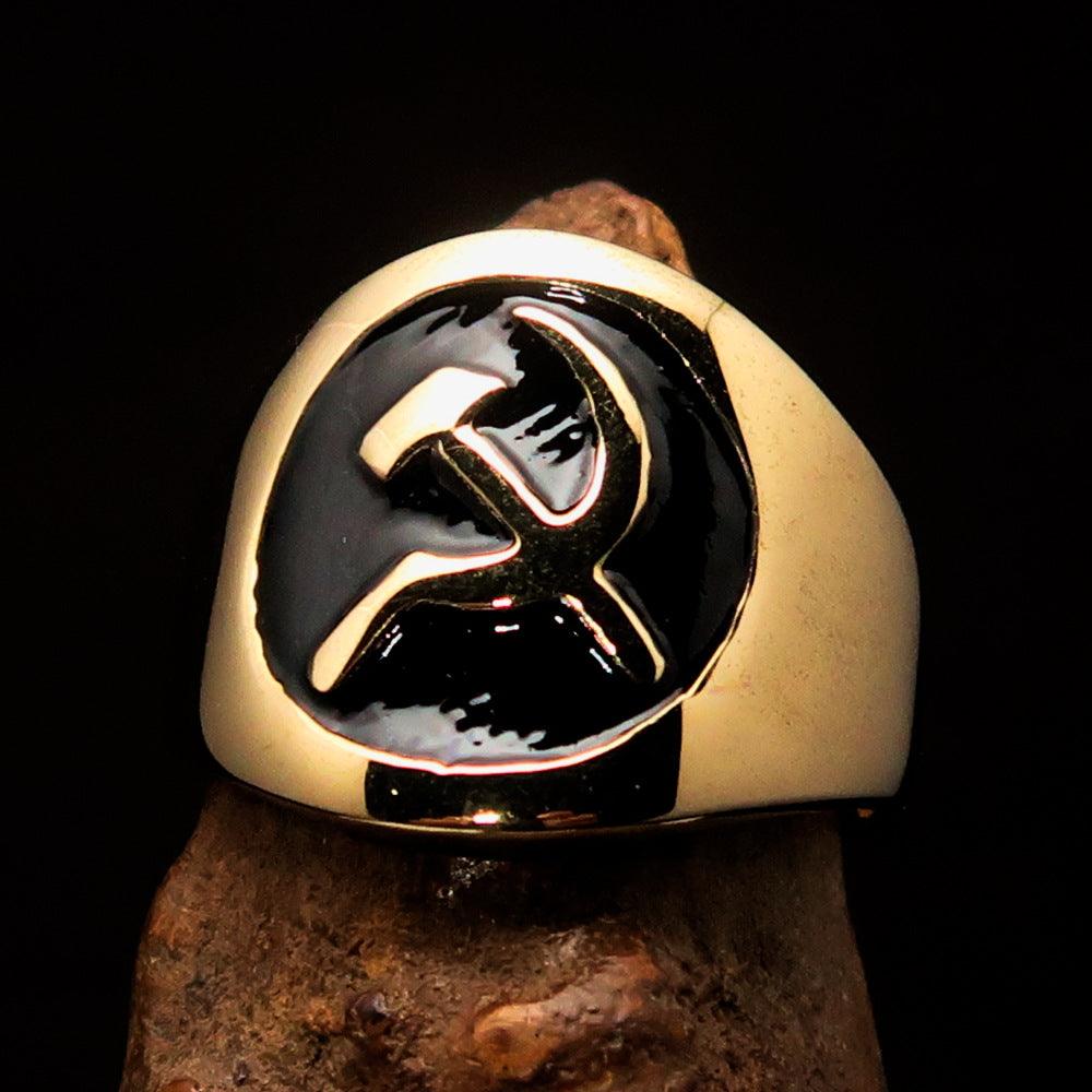 Men's Black Hammer and Sickle Crest Ring made of solid brass with high polish and black enamel detailing.