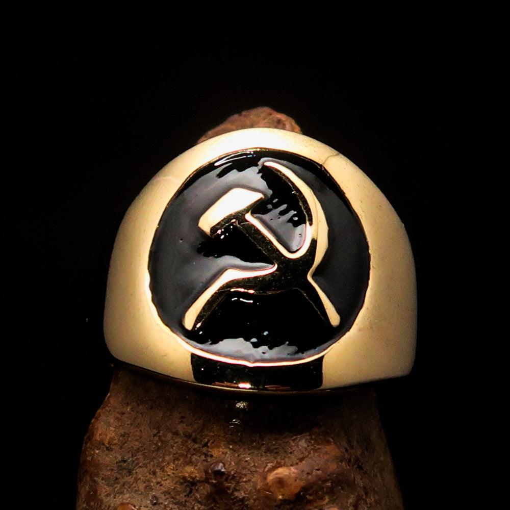 Men's Black Hammer and Sickle Crest Ring made of solid brass with high polish and black enamel detailing.