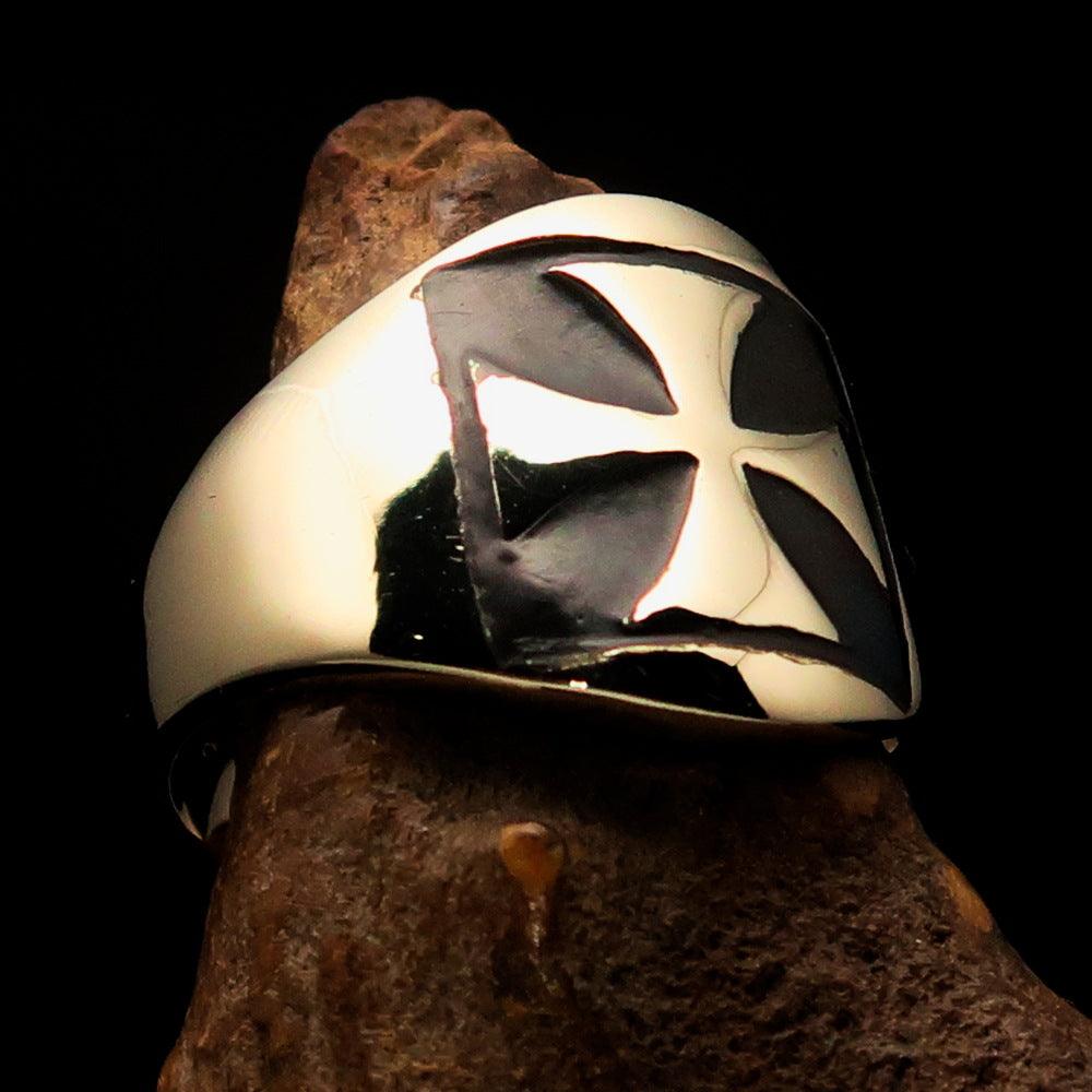 Men's black Iron Cross Biker Ring made of solid brass with a high polished finish and black enamel detailing.