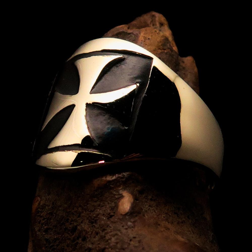 Men's black Iron Cross Biker Ring made of solid brass with a high polished finish and black enamel detailing.