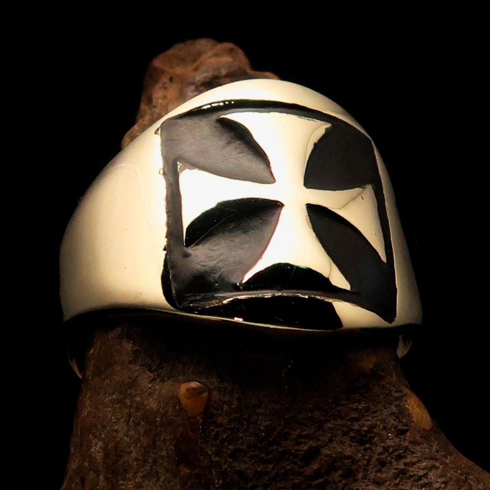 Men's black Iron Cross Biker Ring made of solid brass with a high polished finish and black enamel detailing.