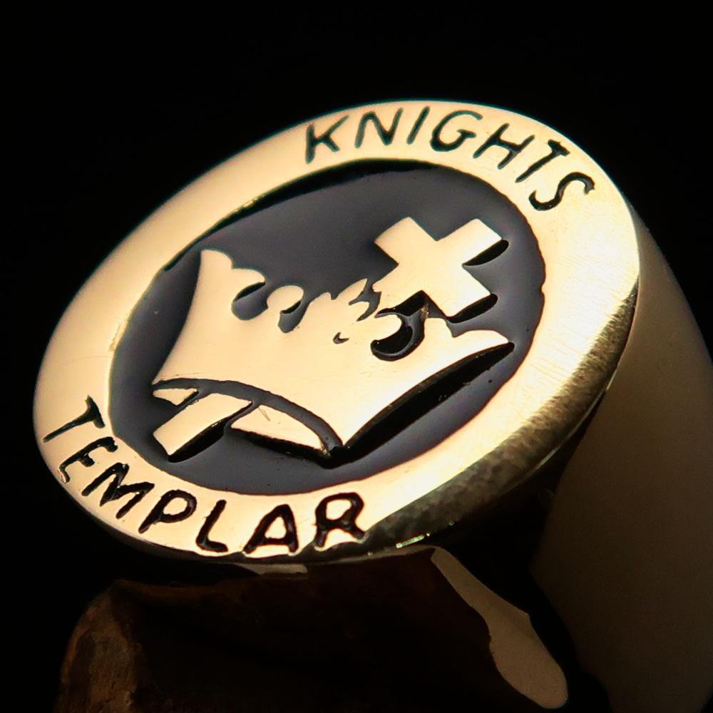 Men's Black Knights Templar Ring made of solid brass with a polished finish and black enamel, featuring a cross and crown design.