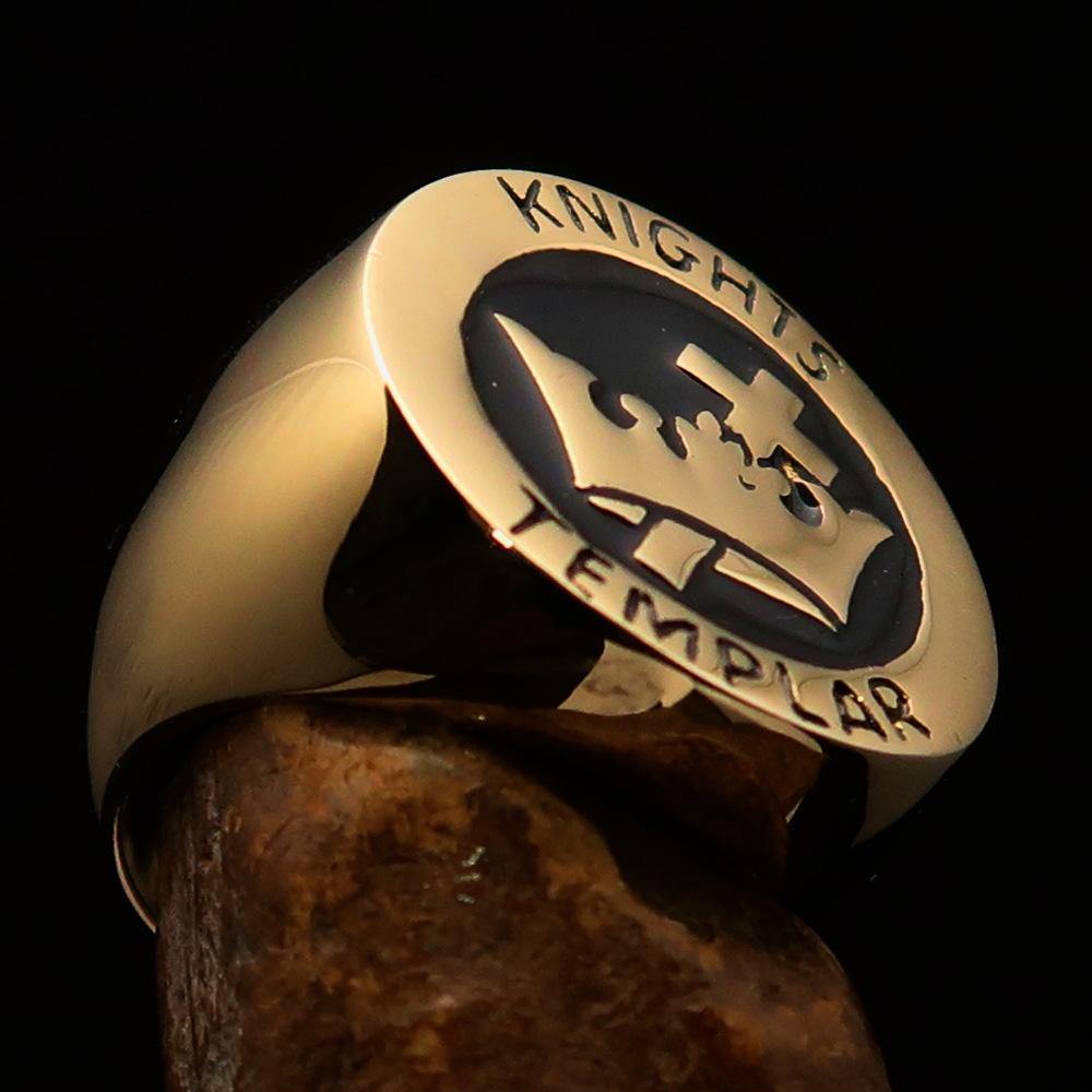 Men's Black Knights Templar Ring made of solid brass with a polished finish and black enamel, featuring a cross and crown design.