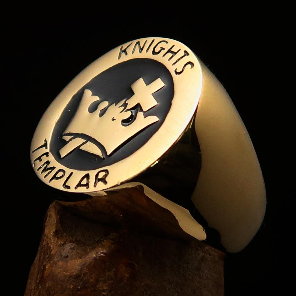 Men's Black Knights Templar Ring made of solid brass with a polished finish and black enamel, featuring a cross and crown design.