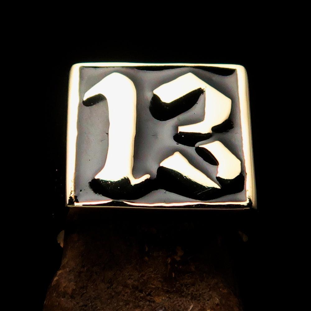 Men's black lucky number 13 biker ring made of solid brass with a polished finish and black enamel detailing.