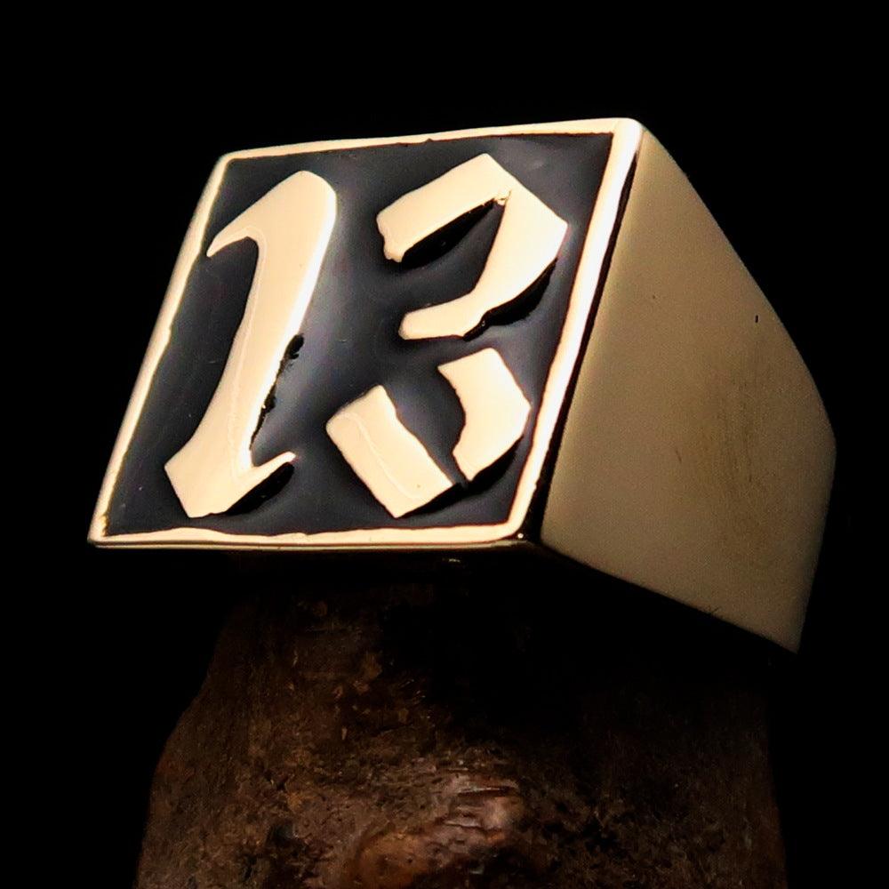 Men's black lucky number 13 biker ring made of solid brass with a polished finish and black enamel detailing.