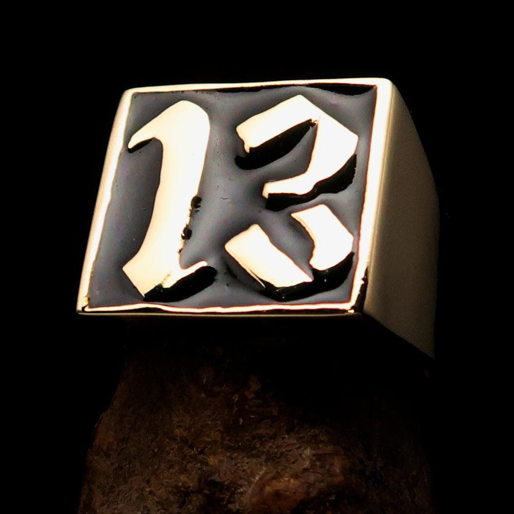 Men's black lucky number 13 biker ring made of solid brass with a polished finish and black enamel detailing.