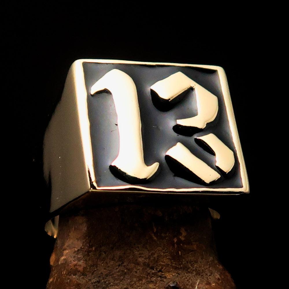 Men's black lucky number 13 biker ring made of solid brass with a polished finish and black enamel detailing.