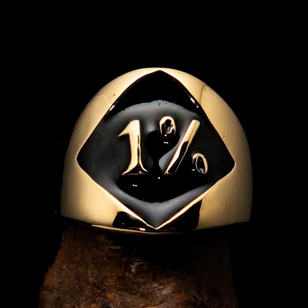 Men's black outlaw biker ring made of solid brass with a high-polished finish and black enamel, showcasing a stylish design for bikers.