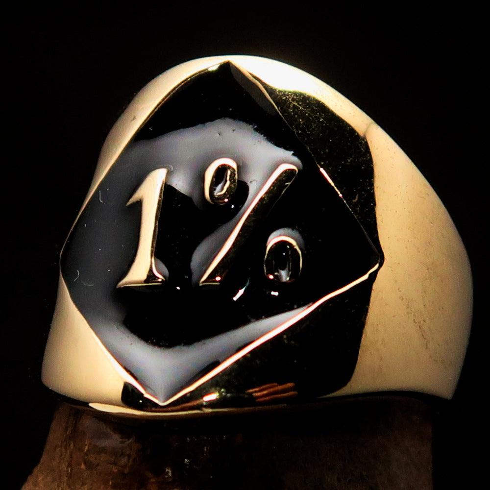 Men's black outlaw biker ring made of solid brass with a high-polished finish and black enamel, showcasing a stylish design for bikers.