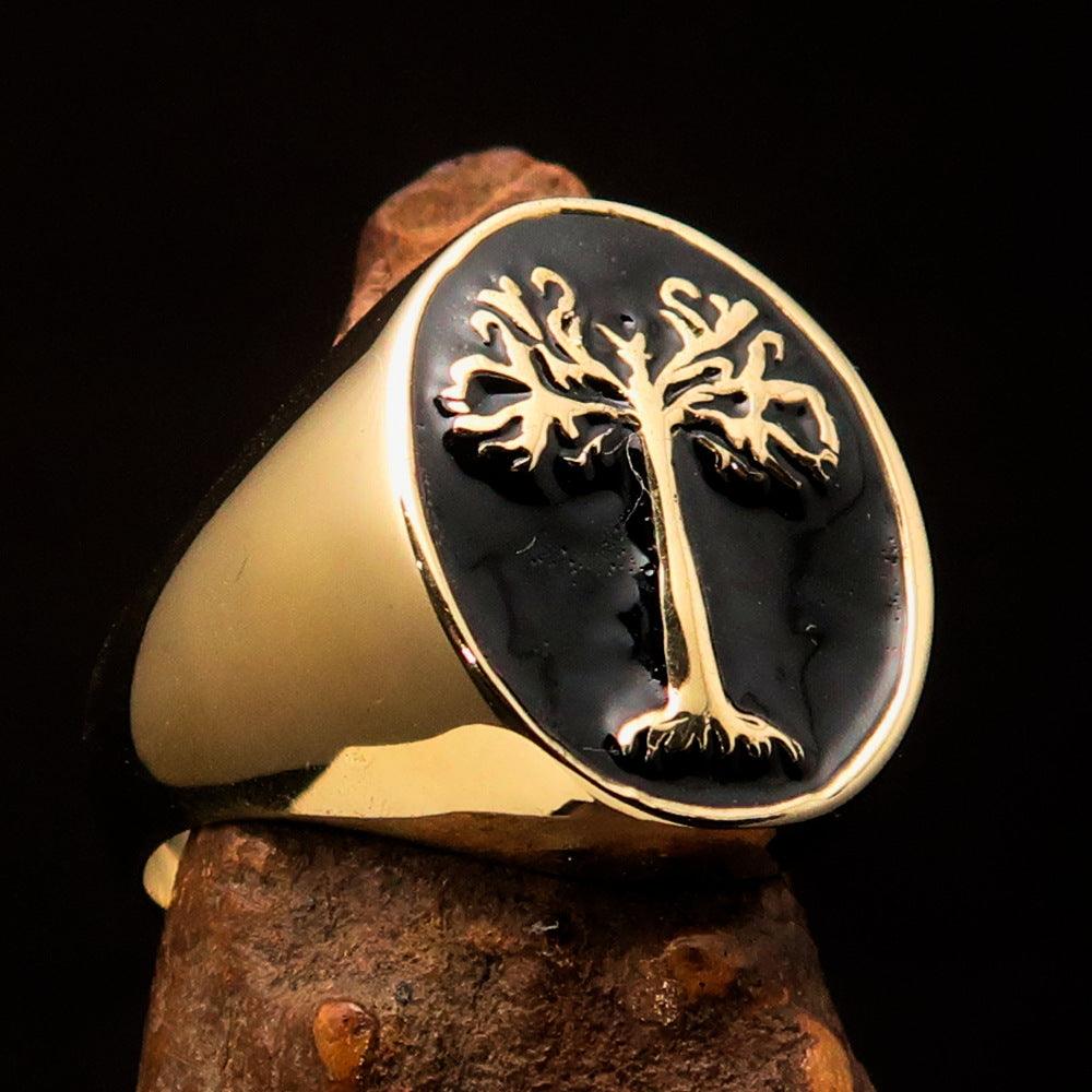 Men's black oval Tree of Life pinky ring made of solid brass with high polish and black enamel finish.