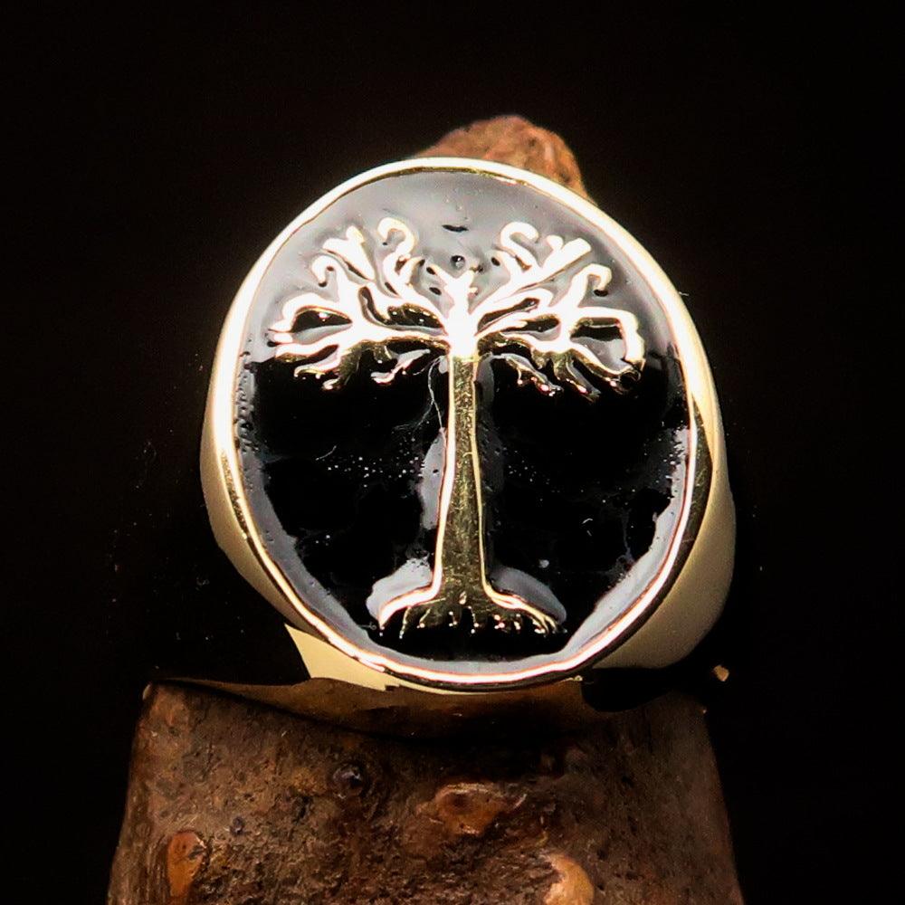 Men's black oval Tree of Life pinky ring made of solid brass with high polish and black enamel finish.