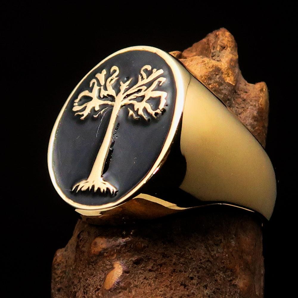 Men's black oval Tree of Life pinky ring made of solid brass with high polish and black enamel finish.