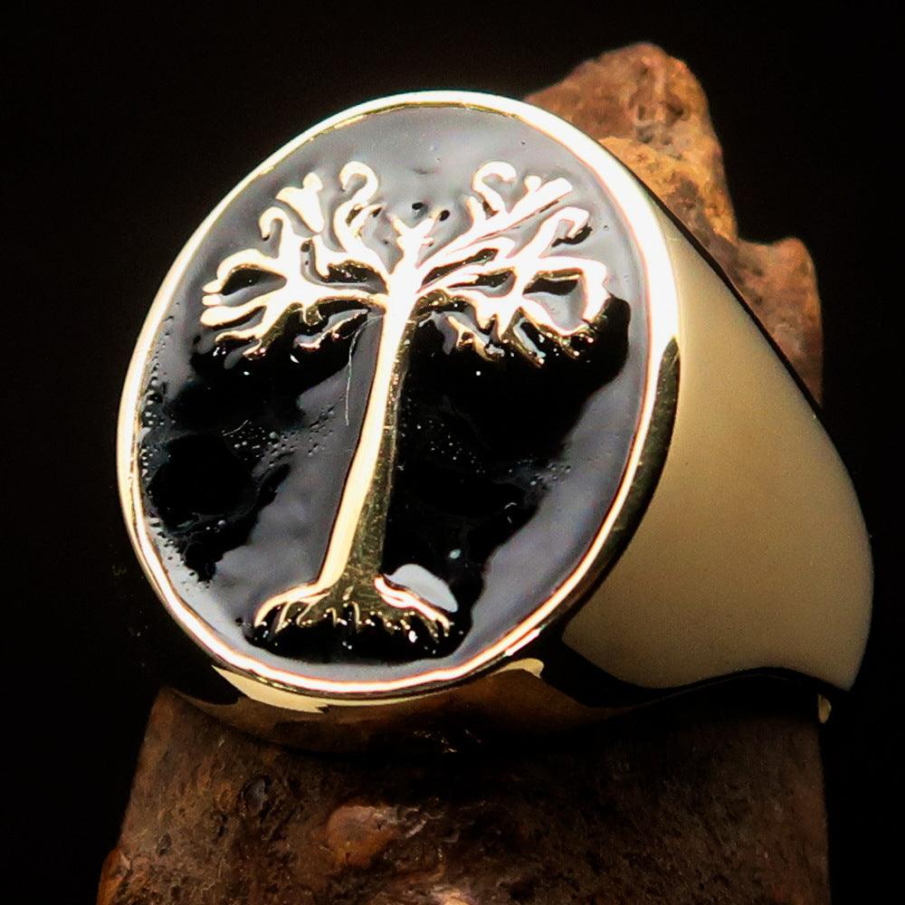 Men's black oval Tree of Life pinky ring made of solid brass with high polish and black enamel finish.