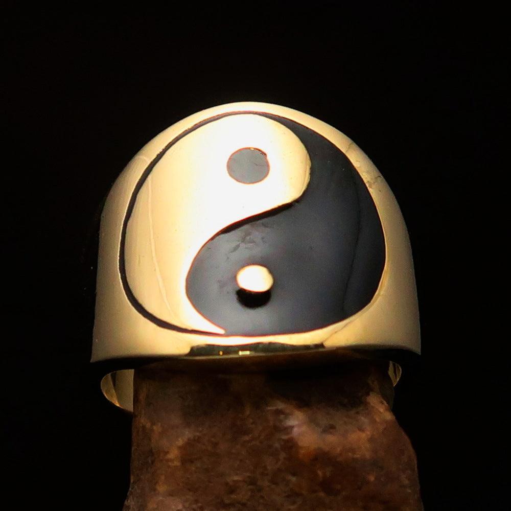 Men's black Yin Yang pinky ring made of solid brass with high-polished finish and black enamel inlay.