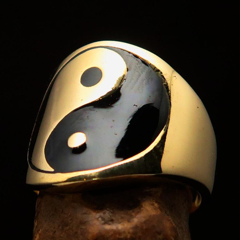 Men's black Yin Yang pinky ring made of solid brass with high-polished finish and black enamel inlay.