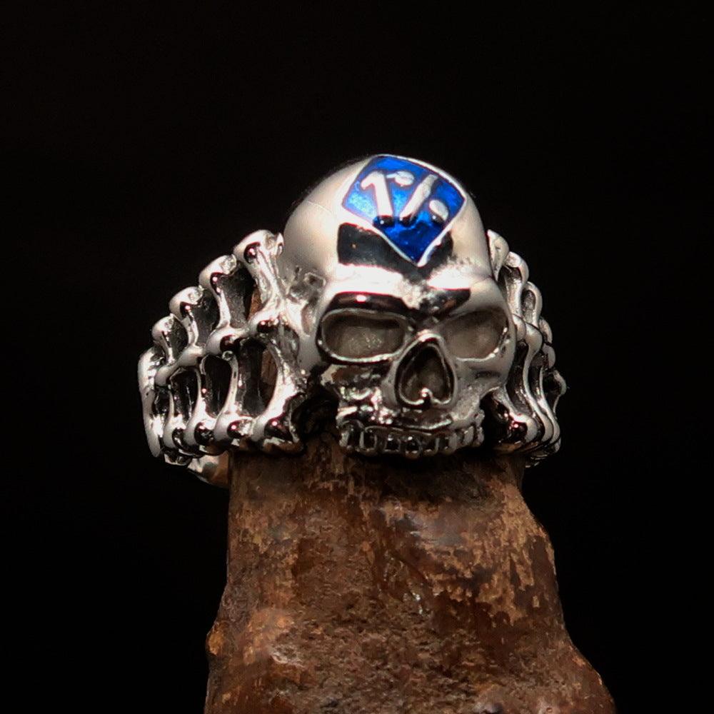 Men's blue 1% Outlaw Biker Skull and Bones Ring made of solid sterling silver with high polish finish and blue enamel.