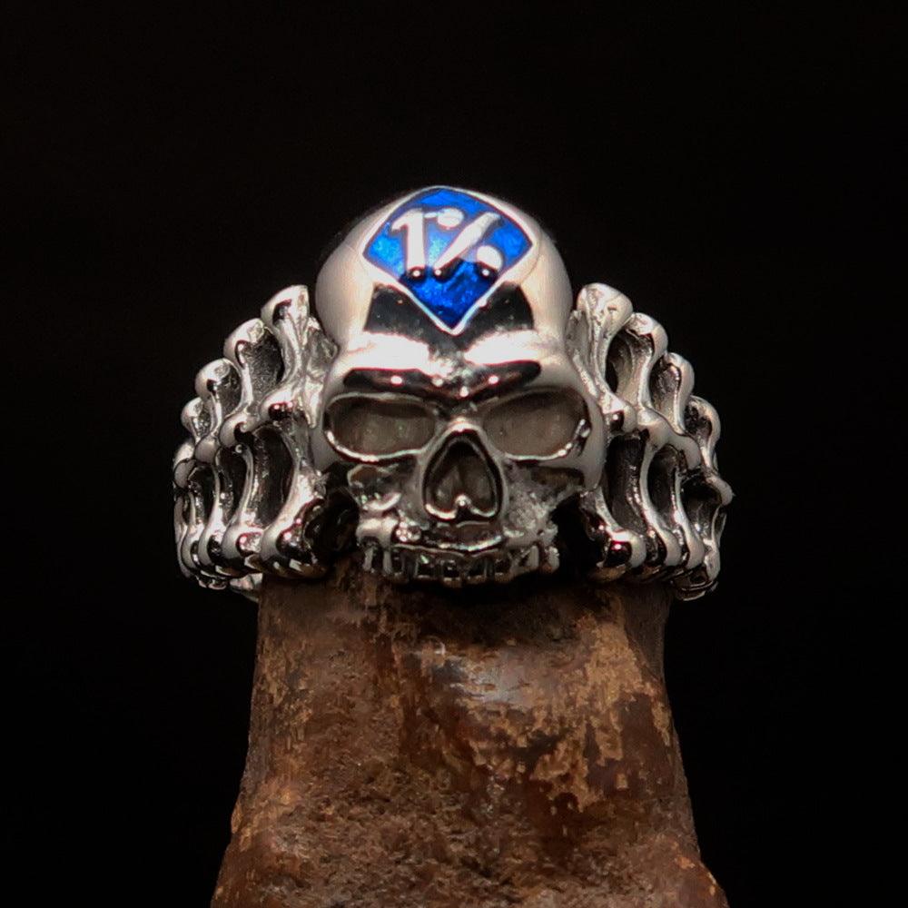 Men's blue 1% Outlaw Biker Skull and Bones Ring made of solid sterling silver with high polish finish and blue enamel.