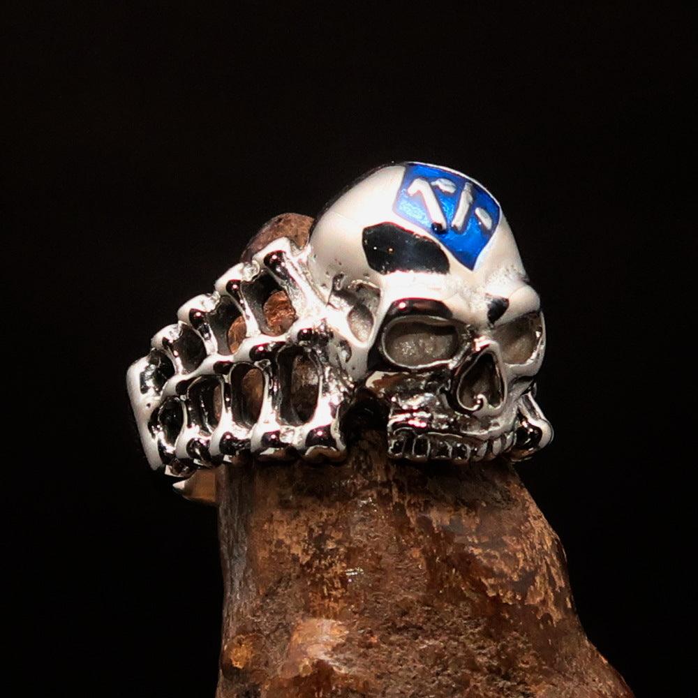 Men's blue 1% Outlaw Biker Skull and Bones Ring made of solid sterling silver with high polish finish and blue enamel.