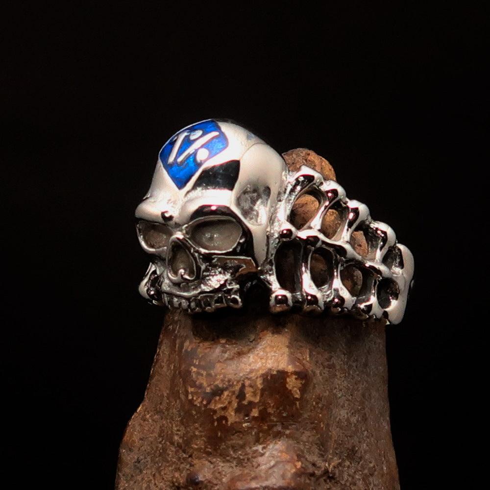 Men's blue 1% Outlaw Biker Skull and Bones Ring made of solid sterling silver with high polish finish and blue enamel.