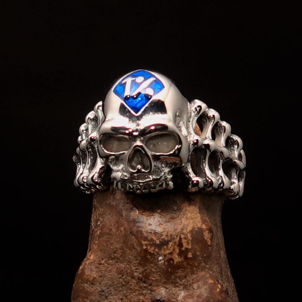 Men's blue 1% Outlaw Biker Skull and Bones Ring made of solid sterling silver with high polish finish and blue enamel.